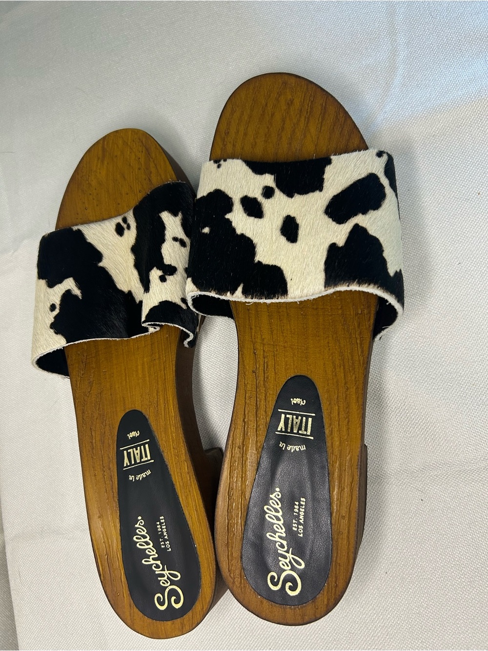 Seychelles Black and White Cow Print Wood Heel Country Western Cowgirl Boho